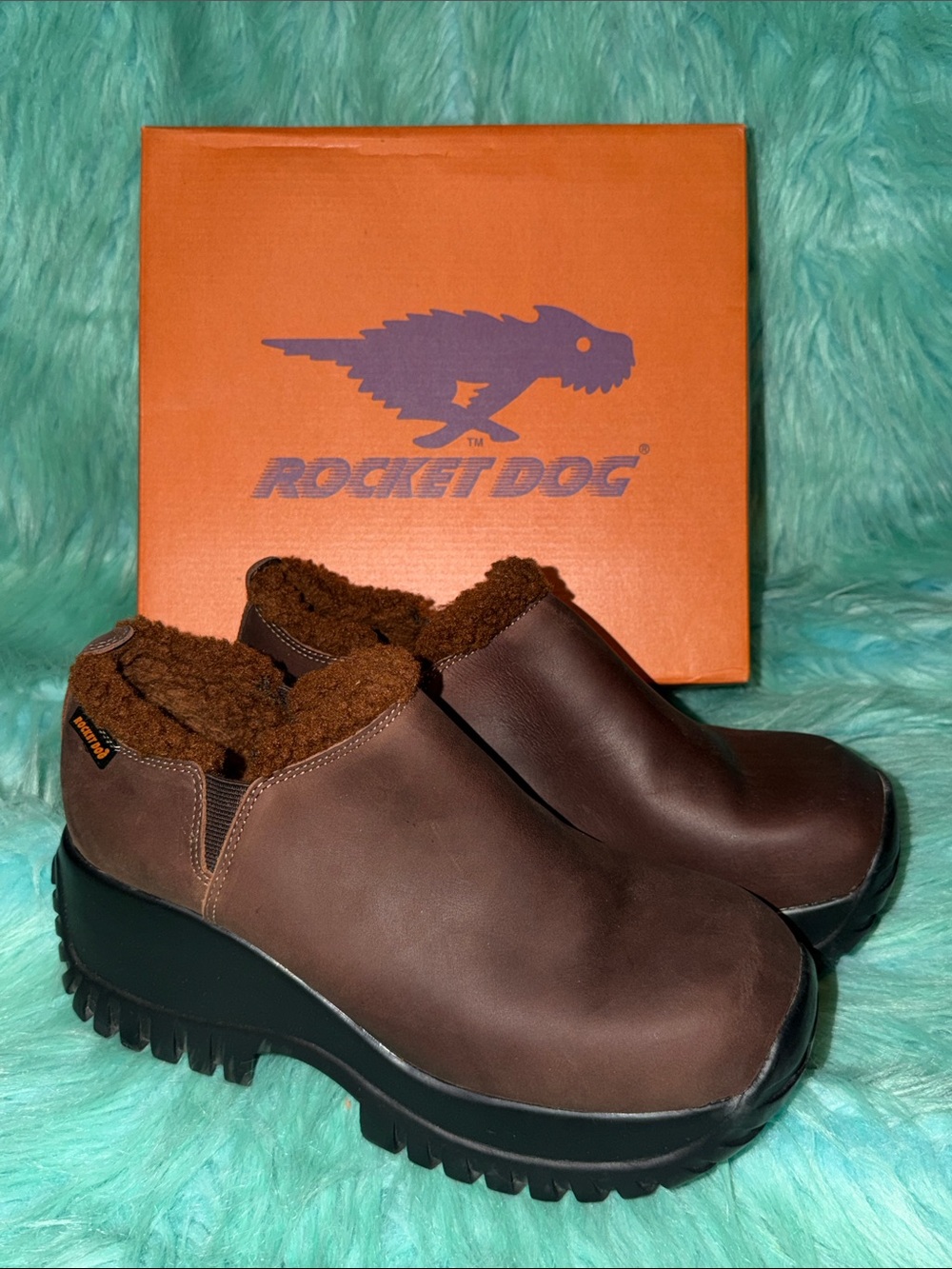 NIB Rocket Dog Brown Faux-Fur Lined Platform Clogs Women’s 10
